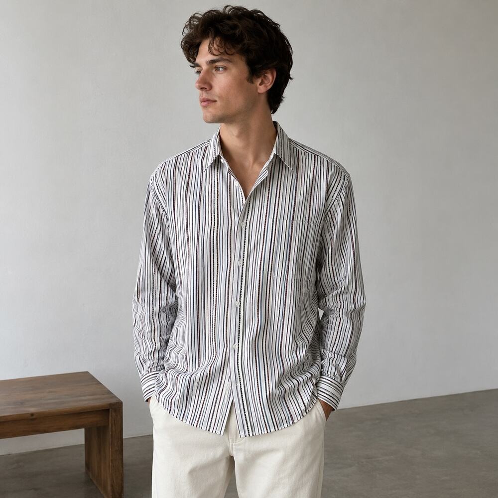 Robert Graham White Multi Color Stripe long Sleeve Shirt Flip Cuff XL